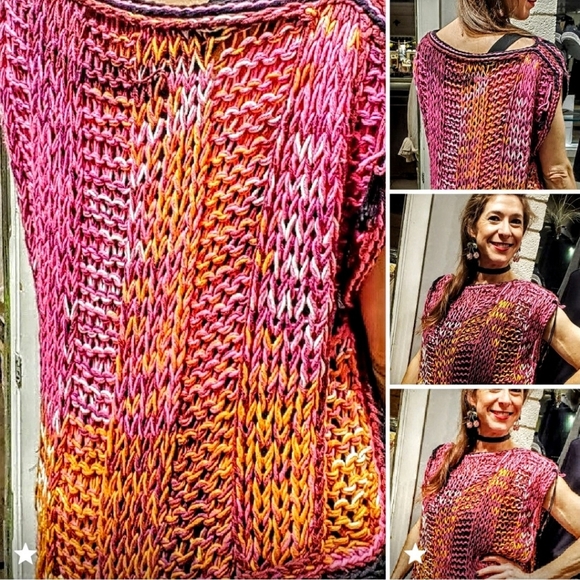 The BoKnitArt Collection Sweaters - NWT Pink Multicolored Hand Knitted Sleeveless Crop Top With Silk Fringe Accents